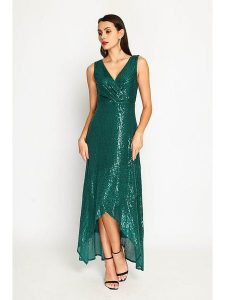 ASSUILI Sukienka w kolorze zielonym rozmiar: 36. Zielone sukienki Assuili, bez wzorów, klasyczne, z asymetrycznym kołnierzem, bez ramiączek, maxi, asymetryczne. Za 166,49 zł.