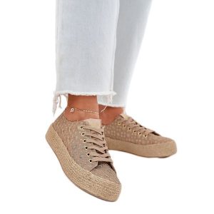 Wzorzyste Trampki Damskie Na Platformie Z Plecionką Lee Cooper LCW-25-08-3646L Khaki beżowy. Brązowe trampki bez wzorów, z materiału, bez zapięcia. Za 197,76 zł.
