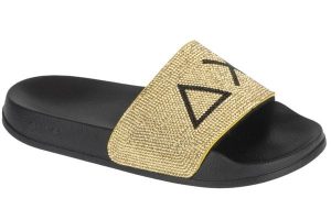 Klapki na basen damskie, Slippers Strass Logo. Żółte klapki SUN68, bez wzorów, z materiału, bez obcasa. Za 169,90 zł.