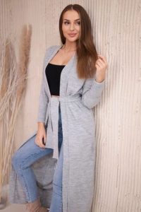 Sweter długi kardigan wiązany w talii szary. Szare długie swetry KESI, l, z wełny, bez kołnierzyka, plus size. Za 178,78 zł.