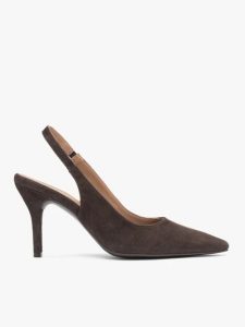 Brązowe czółenka bez pięty slingback na wysokim obcasie. Brązowe czółenka Brawo sp. z o.o., bez wzorów, z gumy, bez obcasa, na obcasie, bez zapięcia. Za 399,99 zł.