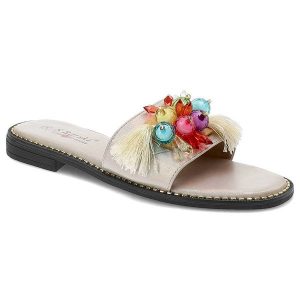 Złote Klapki S.Barski Modne Buty Na Lato. Żółte klapki S.BARSKI, z aplikacjami, ze skóry ekologicznej, bez obcasa. Za 139,00 zł.