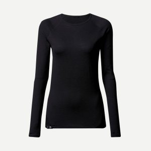 Koszulka z długim rękawem damska Forclaz MT500 merino. Czarne bluzki FORCLAZ, l, bez wzorów, z materiału, sportowe, bez kołnierzyka, bez ramiączek. Za 229,99 zł.