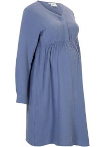 Sukienka ciążowa i do karmienia z muślinu. Niebieskie sukienki bonprix, bez wzorów, bez kołnierzyka, moda ciążowa, bez ramiączek. Za 99,99 zł.