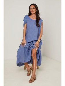 Le Monde du Lin Lniana sukienka w kolorze niebieskim rozmiar: 36/38. Niebieskie sukienki Le Monde du Lin, bez wzorów, ze lnu, bez kołnierzyka, bez ramiączek, maxi. Za 173,99 zł.