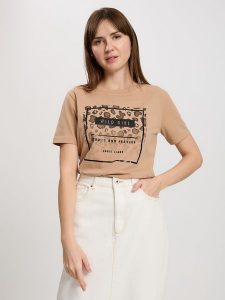 Cross Jeans Koszulka w kolorze beżowym rozmiar: S. Brązowe bluzki Cross Jeans, s, bez wzorów, z jeansu, bez kołnierzyka, bez ramiączek. Za 53,45 zł.