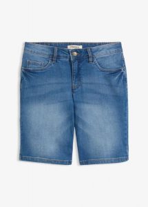 Bermudy jeansowe ze stretchem i kolorowym podwinięciem. Niebieskie jeansy bonprix, bez wzorów, z jeansu. Za 124,99 zł.