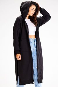 Niezapinana Długa Bluza z Kapturem - Czarna. Czarne bluzy Awama, l, bez wzorów, z bawełny, z kapturem. Za 228,90 zł.