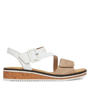 Sandały Rieker. Białe sandały Rieker, bez wzorów, bez obcasa, na koturnie, bez zapięcia. Za 299,99 zł.