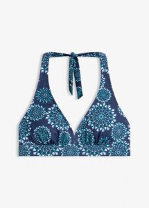 Biustonosz bikini z dekoltem typu halter w serek. Niebieskie bikini bonprix, bez wzorów. Za 74,99 zł.