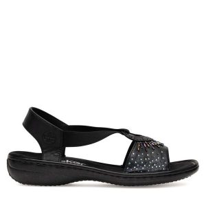 Sandały Rieker. Czarne sandały Rieker, bez wzorów, bez obcasa, na płaskiej podeszwie, bez zapięcia. Za 289,99 zł.