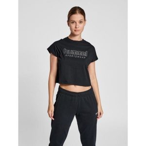 Damski crop top Hummel Legacy June. Czarne koszulki sportowe Hummel, bez wzorów, bez ramiączek. Za 84,30 zł.