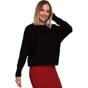 Czarny Klasyczny Luźny Sweter w Prążek. Czarne bluzy MOE, l, z materiału, bez kołnierzyka. Za 209,90 zł.