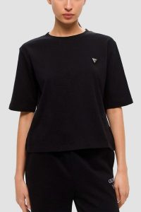 GUESS Czarny bawełniany t-shirt damski Colette Boxy, Rozmiar L. Czarne t-shirty Guess, l, z aplikacjami, z bawełny, bez kołnierzyka, bez ramiączek. Za 189,99 zł.