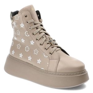 Beżowe Sneakersy Libero Obuwie Damskie Premium. Brązowe botki Libero, z materiału, bez obcasa, na platformie, bez zapięcia. Za 409,00 zł.