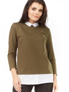 Bluzka Model A208 Khaki - awama. Brązowe bluzki Awama, xxl, bez wzorów, z bawełny, eleganckie, bez kołnierzyka, bez ramiączek. Za 167,03 zł.