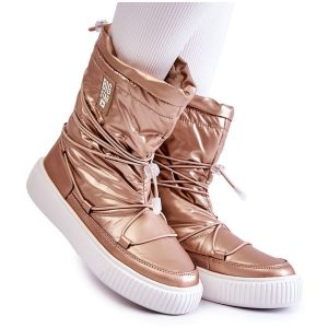 Damskie Ocieplane Śniegowce Big Star KK274194 Beige-Gold beżowy. Brązowe buty zimowe z materiału, bez obcasa, bez zapięcia. Za 306,50 zł.