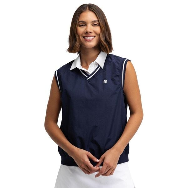 Damska wiatroszczelna kamizelka golfowa Siroko Grace Navy. Niebieskie kamizelki SIROKO, bez wzorów, bez kołnierzyka, bez ramiączek, bez kaptura. W wyprzedaży za 147,00 zł.