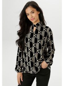 Aniston Bluzka w kolorze czarno-kremowym rozmiar: 48. Czarne bluzki Aniston, bez wzorów, bez kołnierzyka, bez ramiączek. Za 48,05 zł.