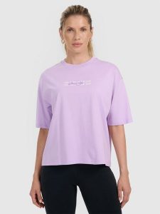4F T-shirt oversize z nadrukiem damski - fioletowy M. Fioletowe t-shirty 4f, m, bez wzorów, bez kołnierzyka, bez ramiączek. Za 59,99 zł.