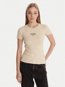 Guess Jeans T-Shirt W6RP21 KA0H1 Beżowy Slim Fit. Brązowe t-shirty Guess Jeans, s, z aplikacjami, z bawełny, bez kołnierzyka, bez ramiączek. Za 159,99 zł.