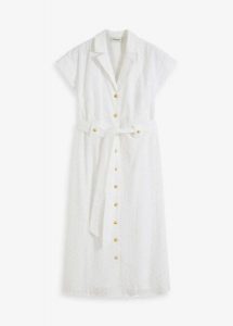 Sukienka szmizjerka z ażurowej koronki. Białe sukienki bonprix, w ażurowe wzory, z koronki, eleganckie, bez kołnierzyka, bez ramiączek, szmizjerki. Za 169,99 zł.