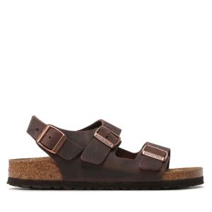 Sandały damskie brązowe Birkenstock Milano LE. Brązowe sandały Birkenstock, bez wzorów, bez obcasa, bez zapięcia. Za 449,99 zł.