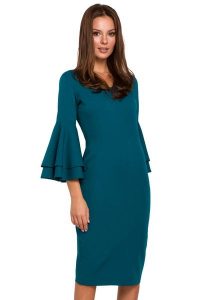 Sukienka na wesele elegancka midi z bufiastymi rękawami morski. Zielone sukienki Makover, na wesele, xxl, bez wzorów, eleganckie, bez kołnierzyka, bez ramiączek, midi, dopasowane. Za 289,00 zł.