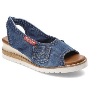Niebieskie Sandały Artiker Modne Obuwie Damskie. Niebieskie sandały ARTIKER, bez wzorów, z jeansu, bez obcasa, na koturnie, bez zapięcia. Za 279,00 zł.