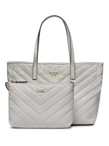 Guess Shopper bag w kolorze jasnoszarym - 33 x 27 x 15 cm rozmiar: onesize. Szare shopper bag Guess, z aplikacjami, z materiału, na ramię, pikowane, bez dodatków. Za 351,38 zł.