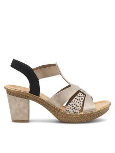 Rieker Sandały 665K3-60 Beżowy. Brązowe sandały Rieker, bez wzorów, ze skóry, bez obcasa, na słupku, bez zapięcia. Za 299,99 zł.