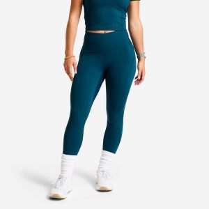 Legginsy sportowe damskie Domyos wysoki stan. Niebieskie legginsy DOMYOS, bez wzorów, z lycry, z podwyższonym stanem, długie. Za 119,99 zł.