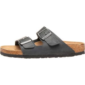 Birkenstock Skórzane klapki "Arizona" w kolorze czarnym rozmiar: 42. Czarne klapki Birkenstock, bez wzorów, z otwartym noskiem, bez obcasa. Za 392,76 zł.