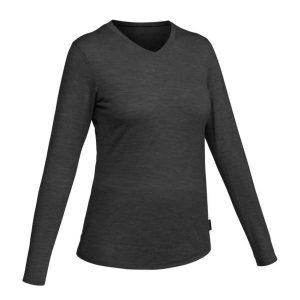 Koszulka trekkingowa damska Forclaz Travel 500 merino. Czarne bluzki FORCLAZ, m, bez wzorów, z jersey, sportowe, bez kołnierzyka, bez ramiączek. Za 129,99 zł.