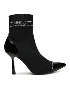 KARL LAGERFELD Botki Pandara KL31357 Czarny. Czarne botki KARL LAGERFELD, bez wzorów, z materiału, bez obcasa, na szpilce, bez zapięcia. Za 569,99 zł.