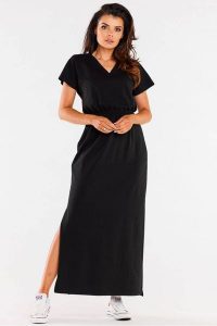 Długa sukienka z krótkim rękawem i gumą w pasie czarna. Czarne sukienki Infinite You, xl, bez wzorów, z gumy, bez kołnierzyka, bez ramiączek, maxi. Za 259,00 zł.