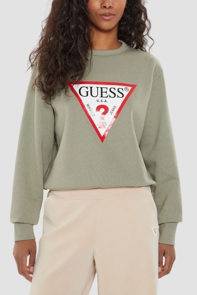 GUESS Zielona bluza damska z dużym logo Original Fleece, Rozmiar S. Zielone bluzy Guess, s, z aplikacjami, bez kaptura. W wyprzedaży za 180,99 zł.