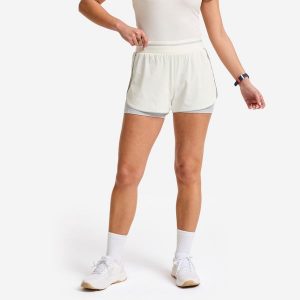 Spodenki fitness damskie Domyos dwuwarstwowe. Białe szorty DOMYOS, bez wzorów, z materiału, sportowe. Za 89,99 zł.