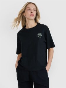 4F T-shirt oversize z nadrukiem damski - czarny XL. Czarne t-shirty 4f, xl, bez wzorów, z bawełny, bez kołnierzyka, bez ramiączek. W wyprzedaży za 59,99 zł.
