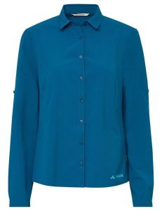 Koszula podróżnicza damska Vaude Rosemoor LS Shirt IV. Niebieskie koszule Vaude, s, bez wzorów, z materiału, bez kołnierzyka, bez ramiączek. Za 376,95 zł.