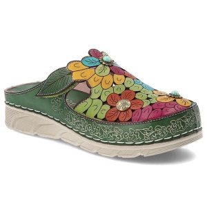 Klapki damskie Laura Vita, kwiatowa cholewka ze skóry naturalnej ozdobne aplikacje wygodna podeszwa codzienny letni fason, zielone, Dorry 22 AJ1819-B. Zielone klapki LAURA VITA, z aplikacjami, ze skóry, bez obcasa. Za 309,00 zł.