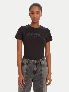 HUGO T-Shirt Deloris 50532137 Czarny Regular Fit. Czarne t-shirty Hugo, xs, bez wzorów, z bawełny, bez kołnierzyka, bez ramiączek. Za 249,99 zł.
