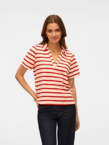 Vero Moda Koszulka polo w kolorze kremowo-czerwonym rozmiar: S. Brązowe bluzki Vero Moda, s, bez wzorów, bez kołnierzyka, bez ramiączek. Za 66,00 zł.
