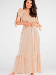 Bluzka Model A430 Beige - awama. Brązowe bluzki Awama, l, bez wzorów, z elastanu, eleganckie, bez kołnierzyka, bez ramiączek. Za 220,55 zł.