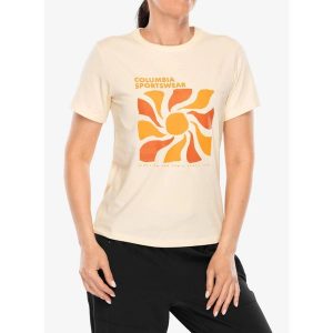 Koszulka z nadrukiem damska Columbia Sun Trek Graphic S/S III. Brązowe koszulki sportowe Columbia, bez wzorów, bez ramiączek. Za 109,99 zł.