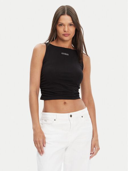 Guess Top V5YP00 J1314 Czarny Regular Fit. Czarne topy Guess, xs, z aplikacjami, z bawełny, bez kołnierzyka, bez ramiączek. Za 109,99 zł.