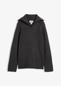 Sweter w prążki ze stójką. Szare swetry klasyczne bonprix, bez kołnierzyka. Za 124,99 zł.