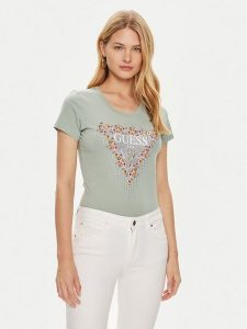 Guess T-Shirt W4YI72 J1314 Zielony Slim Fit. Zielone t-shirty Guess, xs, z aplikacjami, z bawełny, bez kołnierzyka, bez ramiączek. Za 109,99 zł.