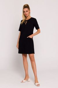 Czarna Mini Trapezowa Sukienka z Kieszonkami. Czarne sukienki MOE, l, bez wzorów, z bawełny, bez kołnierzyka, bez ramiączek, mini, trapezowe. Za 283,90 zł.