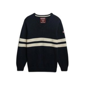 Damski oversize sweter w paski z dekoltem w serek Superdry. Niebieskie swetry klasyczne Superdry, na zimę, bez wzorów, bez ramiączek. Za 326,85 zł.